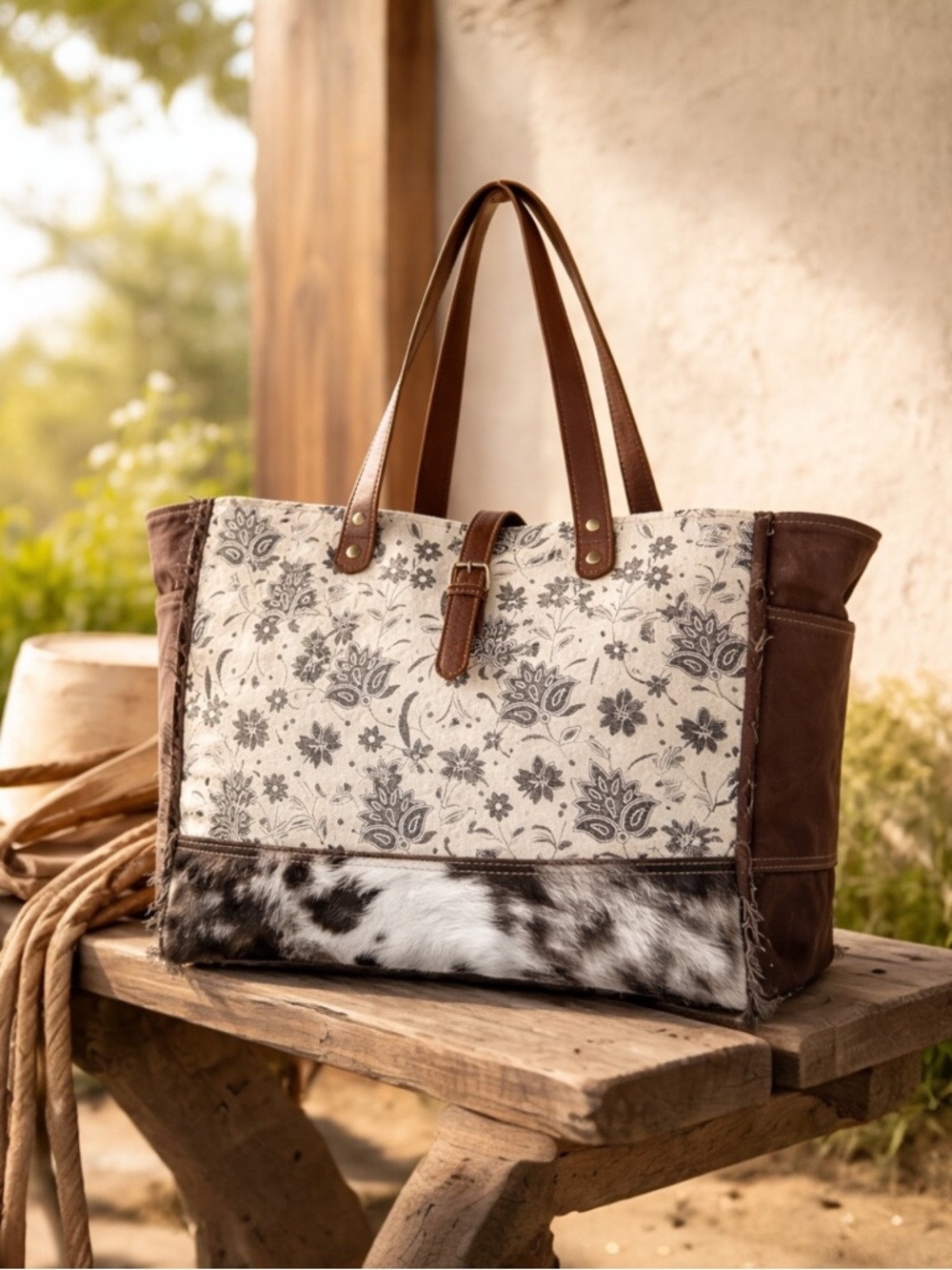 Myra Canvas Leather Weekender Bag XL Cowhide Travel Duffel Western Boho Floral